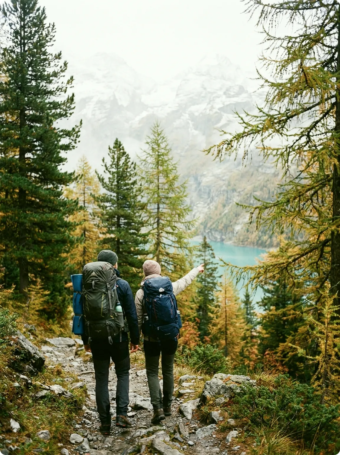 Deux randonneurs avec sacs à dos marchent sur un sentier forestier de montagne avec vue sur un lac alpin.